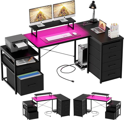 Unikito Reversible L Shaped Computer Desk with Fabric File Drawers, 70.8" Large Office Corner Desk with RGB LED Lights & Power Outlets & Monitor Stand & CPU Stand, Sturdy L Shape Gaming Desk, Black
