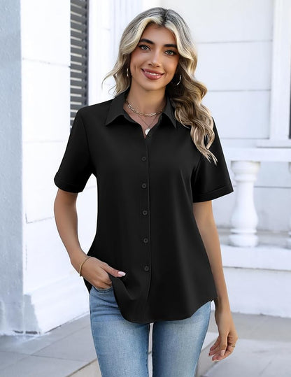 Zeagoo Button Down Shirts for Women Short Sleeve Collared Tops Dressy Casual V Neck Blouses