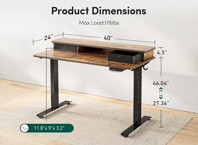 FEZIBO 40 x 24 Inch Height Adjustable Electric Standing Desk with Double Drawer, Stand Up Desk with Storage Shelf, Sit Stand Desk, Rustic Brown