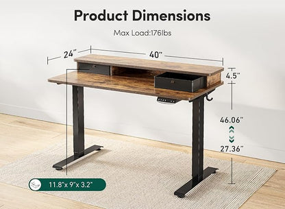 FEZIBO 40 x 24 Inch Height Adjustable Electric Standing Desk with Double Drawer, Stand Up Desk with Storage Shelf, Sit Stand Desk, Rustic Brown