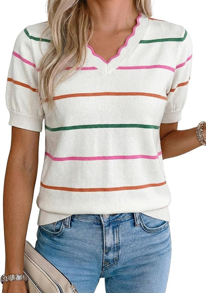 Dokotoo Womens Summer Short Sleeve Knit Tops 2026 Spring Trendy Casual V Neck Striped Sweater Blouses