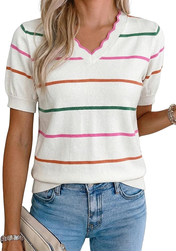 Dokotoo Womens Summer Short Sleeve Knit Tops 2026 Spring Trendy Casual V Neck Striped Sweater Blouses