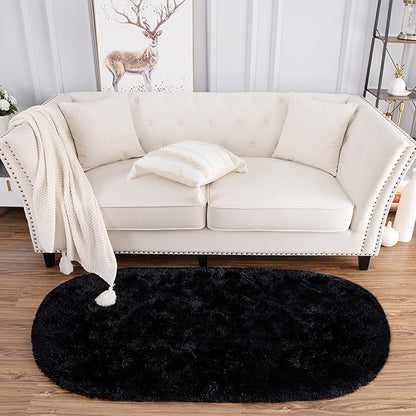 Noahas Black Fluffy Rugs for Bedroom,2'X 5' Oval Ultra Soft Bedroom Rugs,Small Throw Rugs, Kids Room Carpet Modern Shaggy Area Rugs Home Decor