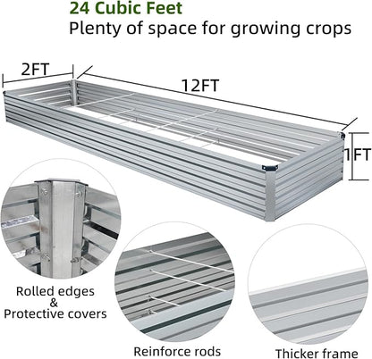 2 Pack 12x2x1FT Galvanized Raised Garden Beds Kit Outdoor Metal Gardening Planter Box for Vegetable Elevated Flower Herbs,Silver