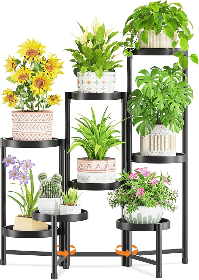 LASZOLA 8 Tiered Folding Tall Plant Stand Indoor for Multiple Large Planter, Heavy Duty Metal Adjustable Flower Rack for Narrow Corner, Sturdy Vertical Spiral Shelving Holder for Modern House, Black