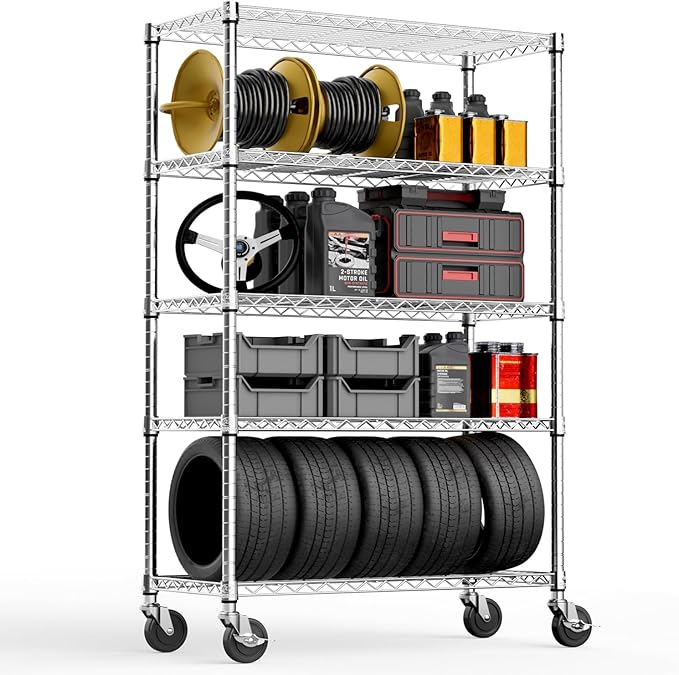 5-Shelf Storage Shelves,Wire Shelving Heavy Duty Metal Storage Shelving Unit Adjustable Garage Shelving Rack Pantry Kitchen (Chrome, 5 Tier,17.7" D x 47.2" W x 76.7" H)