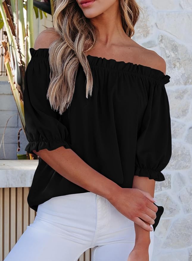 EVALESS Womens Tops Off The Shoulder Blouses for Women Dressy Casual Cute Puff Sleeve T Shirts Fashion 2026