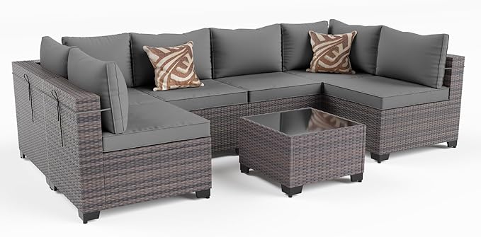 Kullavik 7 Pieces Outdoor Patio Furniture Set PE Wicker Rattan Sectional Sofa Patio Conversation Sets,Grey