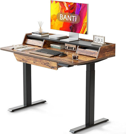 BANTI 48 x 24 Inch Electric Standing Desk with 3 Drawers, Adjustable Height Stand Up Desk, Sit Stand Home Office Desk with Storage Shelf, Rustic Brown Top