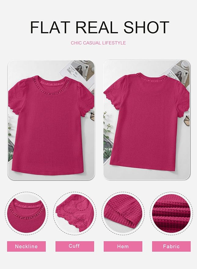 SHEWIN Womens Frenchy Summer Tops Crewneck Short Sleeve T Shirts Casual Waffle Knit Jacquard Blouses Top Shirts