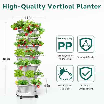 Strawberry Vertical Planters, 7 Tiered Stacking Tower Garden with Support Pole, Stackable Herb Vegetable Planters Indoor and Outdoor - White