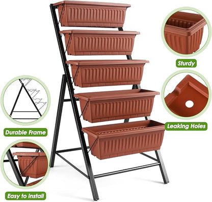 Suyncll Vertical Raised Garden Bed Planter Box,5 Tiers Vertical Garden Planter with Drainage System&4 Hooks for Herb Vegetables Flowers, Brick Red