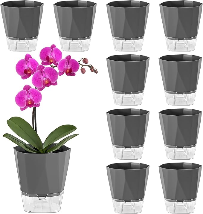 10 Pack Self Watering Pots for Indoor Plants, 6.7 Inches Self Watering Planters African Violet Pots Clear Pots for Herb Orchid Flower Houseplant, Dark Grey
