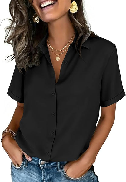 Zeagoo Button Down Shirts for Women Short Sleeve Collared Tops Dressy Casual V Neck Blouses
