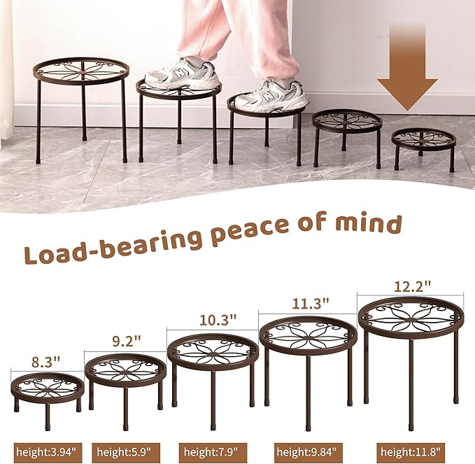 Plant Stand Indoor Outdoor 5 Pack Heavy Duty Metal Stand Multiple Plants, Anti-Rust Iron Flower Pot Stand Decoration Racks Plant Pot Shelf for Living Room Garden Balcony (Brown)
