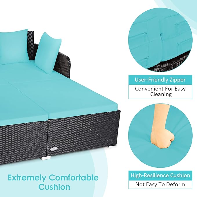 Tangkula Outdoor Rattan Daybed, Sunbed Wicker Furniture w/Spacious Seat, Upholstered Cushion & High-Resilience Sponge, Wicker Patio Sofa Set w/Extra Pillows for Courtyard Poolside(Turquoise)