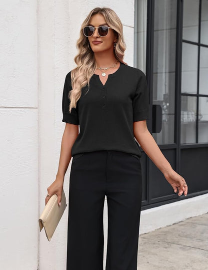 Zeagoo Women's Short Sleeve Sweater 2026 Spring Summer Tops Lightweight Casual V Neck Sweaters Dressy Work Blouses Clothes