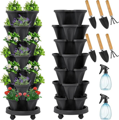 Umigy 2 Set of 7 Tier Vertical Planter Stackable Tower Planters Strawberry Herb Flower and Vegetable Pots Indoor Outdoor Gardening Pots with Removable Wheels and Tools(Black)