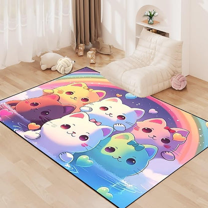 Rainbow Cat Rug for Girls - Colorful Cat Rug for Kids Bedroom Cute Cartoon Cat Pattern Rug Lovely Cat Rugs Room Decor Anime Cat Area Rug, 5x7 Feet