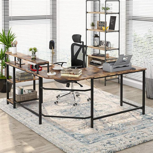 L-Shaped Computer Desk with Monitor Stand and Storage Shelves, Large Corner Desks for Home Office