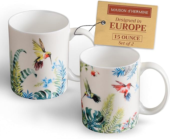 Maison d' Hermine Coffee Mug with Handles Tea Cups (15 Ounce, Pack of 2) | Fine Bone China Coffee Mugs for Hot Beverages Cappuccino Latte Home Restaurant Hotel Spring Summer -Tropiques