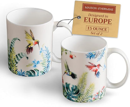 Maison d' Hermine Coffee Mug with Handles Tea Cups (15 Ounce, Pack of 2) | Fine Bone China Coffee Mugs for Hot Beverages Cappuccino Latte Home Restaurant Hotel Spring Summer -Tropiques