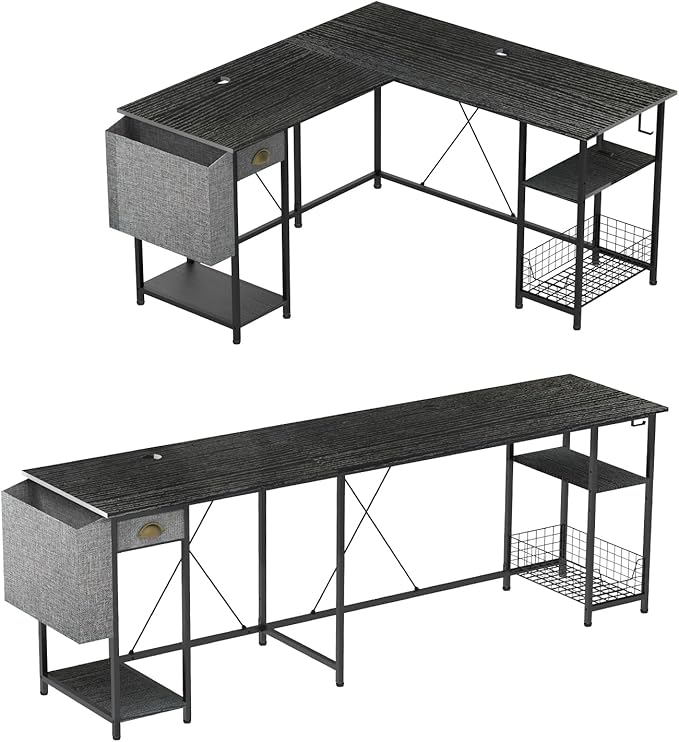 X-cosrack 88.5inch Large L-Shaped Computer Desk with Storage Shelves Drawer, Home Office Writing Corner Desk, 2 Person Long Desk PC Laptop Workstation with Hooks Storage Bag Cable Hole-Black