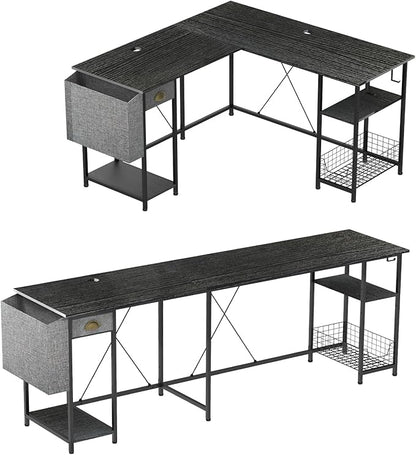 X-cosrack 88.5inch Large L-Shaped Computer Desk with Storage Shelves Drawer, Home Office Writing Corner Desk, 2 Person Long Desk PC Laptop Workstation with Hooks Storage Bag Cable Hole-Black
