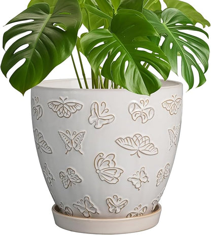 Ceramic Planter 8 Inch - White Plant Pot with Drainage Hole and Saucer Modern Flower Pot for Indoor Outdoor Plants