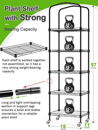 Abimars 5-Tier Mini Greenhouse with Caster Wheels, Each Shelf Height Adjustable Metal Plant Shelf with PVC Cover for Seed Starting Trays, Seedling Pots, Plant Pots, 11x16x57inch