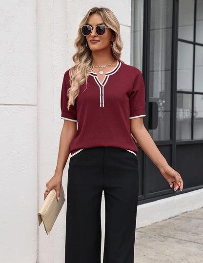 Zeagoo Women's Short Sleeve Sweater 2026 Spring Summer Tops Lightweight Casual V Neck Sweaters Dressy Work Blouses Clothes