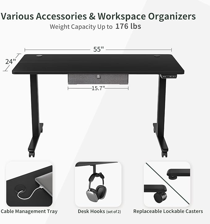 FEZIBO 55x 24 Inches Standing Desk with Drawer, Adjustable Height Electric Stand up Desk with Storage, Sit Stand Home Office Desk, Ergonomic Computer Desk, Black