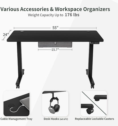 FEZIBO 55x 24 Inches Standing Desk with Drawer, Adjustable Height Electric Stand up Desk with Storage, Sit Stand Home Office Desk, Ergonomic Computer Desk, Black