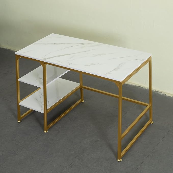 CIVANA Metal Office Desk，43 Inch Small Study Desk,Gold Office Desk with 2 Tier Storage Space，Computer Desk Modern Simple Style，Sturdy Writing Workstation for Home & Office，White Marble + Gold Leg