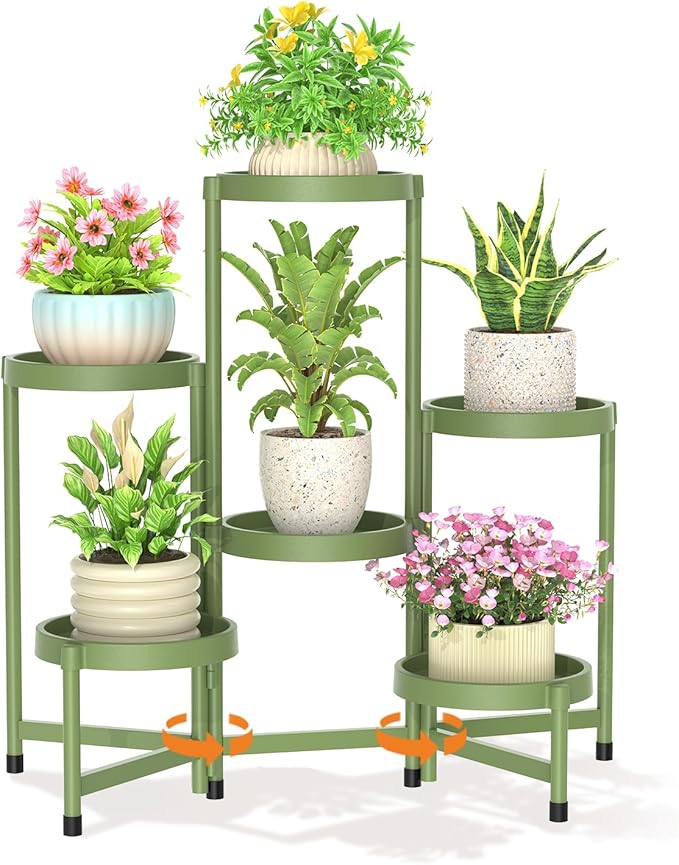 LASZOLA 6 Tiered Folding Plant Stand Indoor for Multiple Large Planter, Tall Heavy Duty Adjustable Rack with Rust Proof Plastic Shelving, Sturdy Vertical Tree Organizer for Narrow Inside Floor, Green