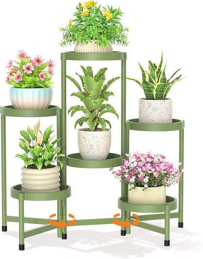 LASZOLA 6 Tiered Folding Plant Stand Indoor for Multiple Large Planter, Tall Heavy Duty Adjustable Rack with Rust Proof Plastic Shelving, Sturdy Vertical Tree Organizer for Narrow Inside Floor, Green
