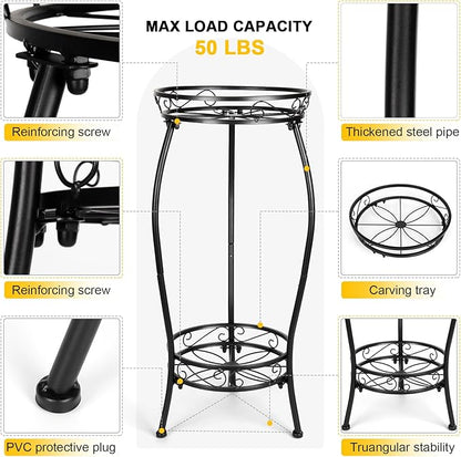 2 Tier Rustproof Iron Plant Stand - Heavy Duty Outdoor Plant Stands For Patio, Balcony Or Garden Or Planter Corner - Plant Stand Indoor (Black)
