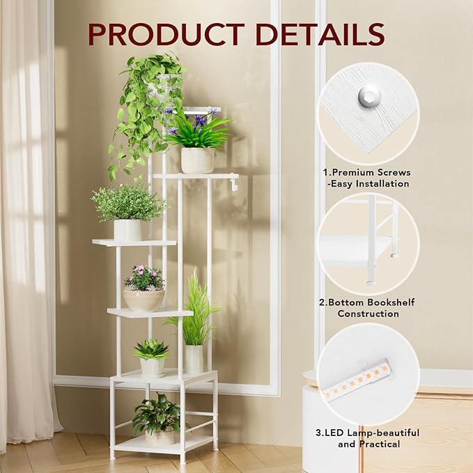 Plant Stand Indoor with Grow Light, 6-Tiered Tall Plant Stand Indoor, Metal Plant Shelf with Hanging Basket Hook and Adjustable Light, Ideal for Living Room, Garden, Patio white