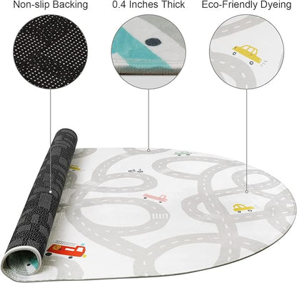 Road Traffic Kids Rug Children Playing with Cars Playmat 3x5 Ft, Washable Play Carpet for Kids Playroom, Non-Slip Have Fun Safe Baby Nursery Rug for Toddler Boy's Bedroom Game Room Grey