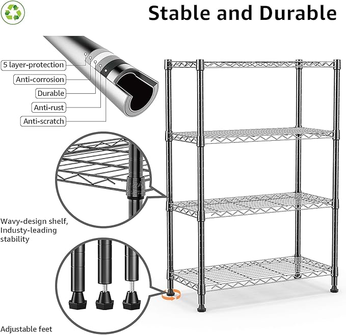 1000 lbs Storage Shelving Steel Heavy Duty 4-Tier Utility Shelving Unit Steel Organizer Wire Rack for Home,Kitchen,Office (13.7" D x 29.5" W x 47.2" H)