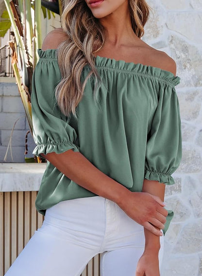 EVALESS Womens Tops Off The Shoulder Blouses for Women Dressy Casual Cute Puff Sleeve T Shirts Fashion 2026