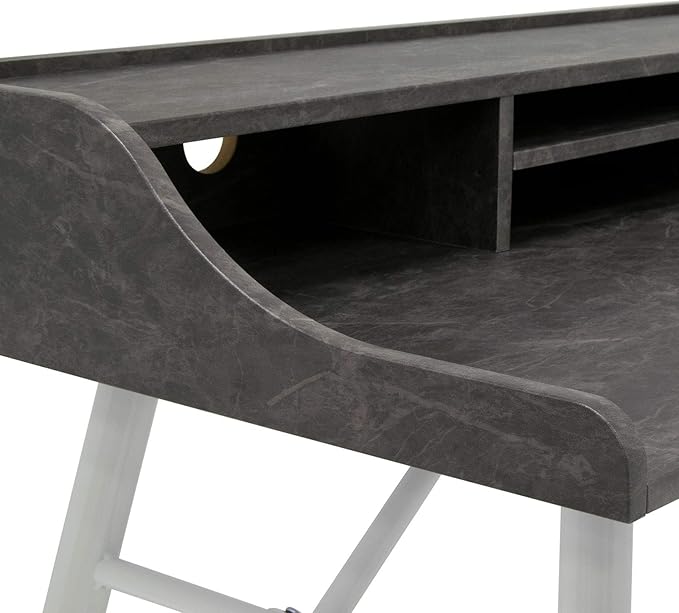 Calico Designs Woodford 45” Wide Modern, Secretary, Writing, Desk with Low Storage Hutch and Whtie Metal Tapered Legs in Marbled Dark Grey, White