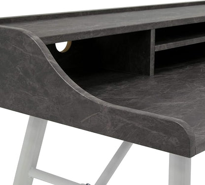 Calico Designs Woodford 45” Wide Modern, Secretary, Writing, Desk with Low Storage Hutch and Whtie Metal Tapered Legs in Marbled Dark Grey, White