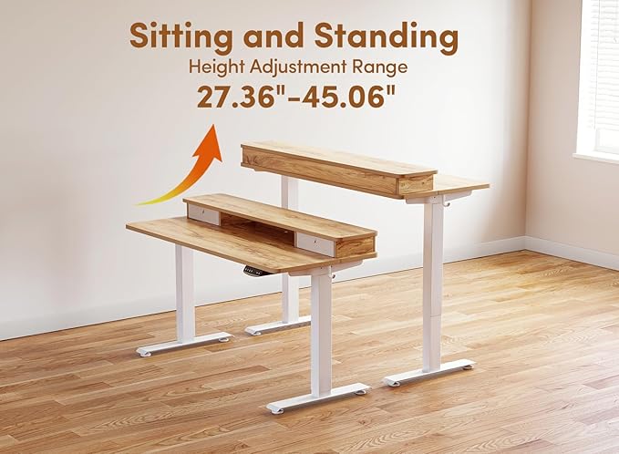 BANTI 48x24 Inch Electric Standing Desk with Double Drawers, Adjustable Height Stand Up Desk, Sit Stand Home Office Desk with Storage Shelf, Light Rustic Brown Top