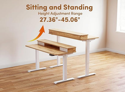 BANTI 48x24 Inch Electric Standing Desk with Double Drawers, Adjustable Height Stand Up Desk, Sit Stand Home Office Desk with Storage Shelf, Light Rustic Brown Top