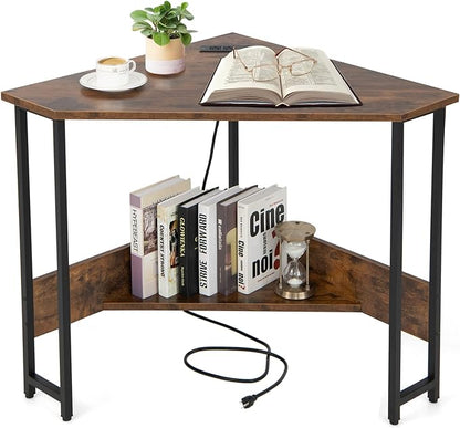 Corner Desk with Charging Station & USB Port, 90-degree Triangle Computer Workstation w/Storage Shelf, Metal Frame, Space-saving Laptop PC Desk for Small Space, Home Office (Rustic Brown)