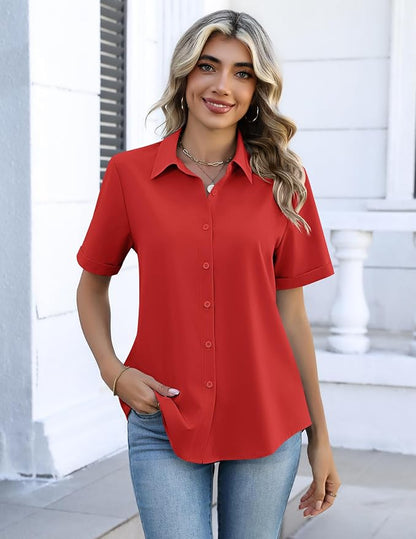 Zeagoo Button Down Shirts for Women Short Sleeve Collared Tops Dressy Casual V Neck Blouses