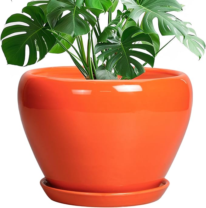 Ceramic Pot for Plants - 10 Inch Plant Pot with Drainage Hole and Saucer, Modern Round Glaze Planter for Indoor Outdoor Plants, Plant Lover Gifts, Home Garden Office Decor, Orange