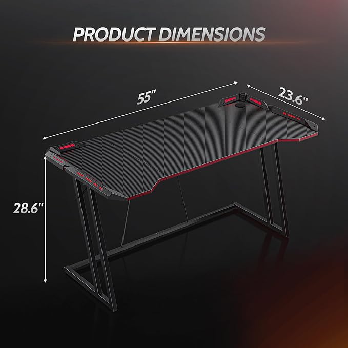CubiCubi Gaming Desk with LED Lights, 55 Inch Z Shaped Gamer Desk, Home Game Computer Desk with Carbon Fiber Surface, Ergonomic Office PC Workstation with Cable Management, Black