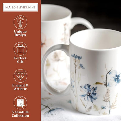 Maison d' Hermine Coffee Mug with Handles Tea Cups (15 Ounce, Pack of 2) | Fine Bone China Coffee Mugs for Hot Beverages Cappuccino Latte Home Restaurant Hotel Spring Summer -Ice Florals